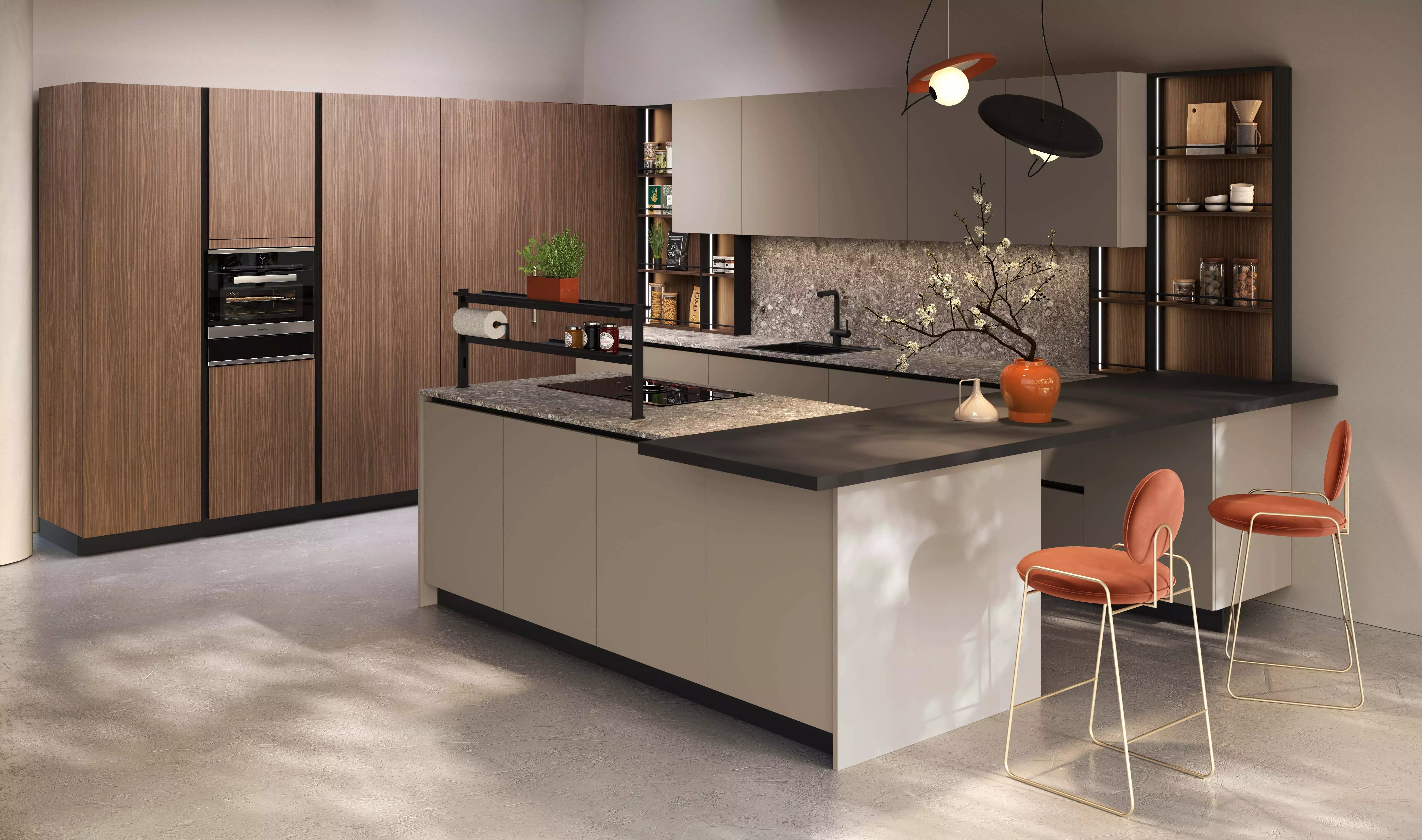 cuisine moderne bois et grise ilot mange debout 