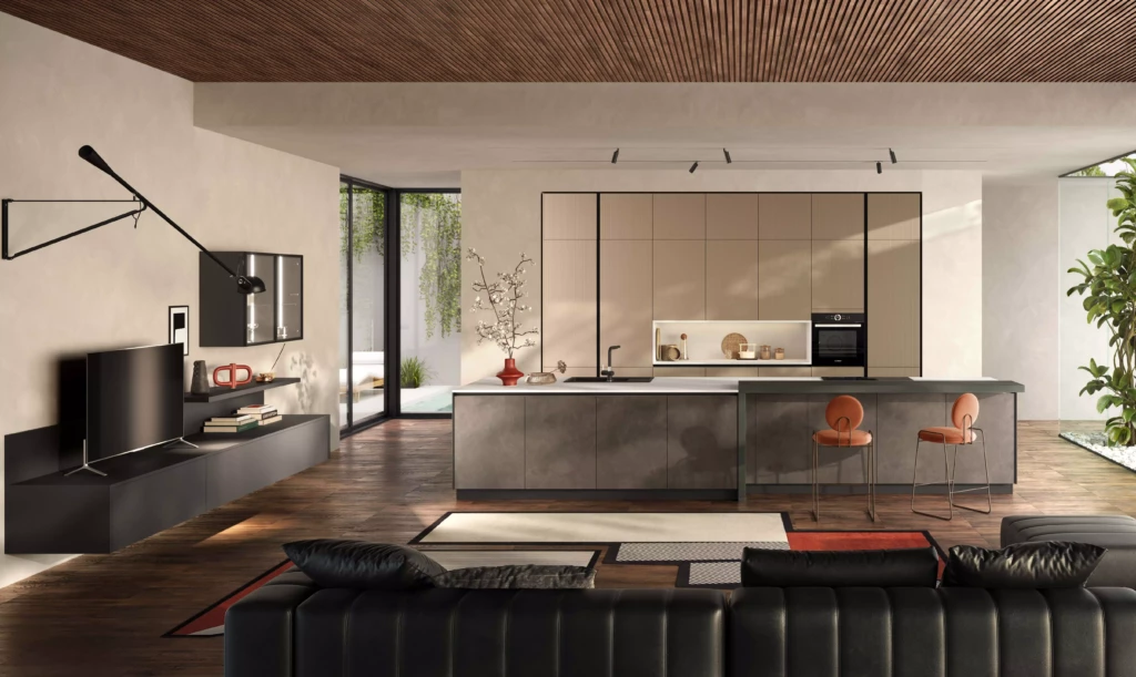 cuisine avec ilot moderne colonnes sans poignées béton